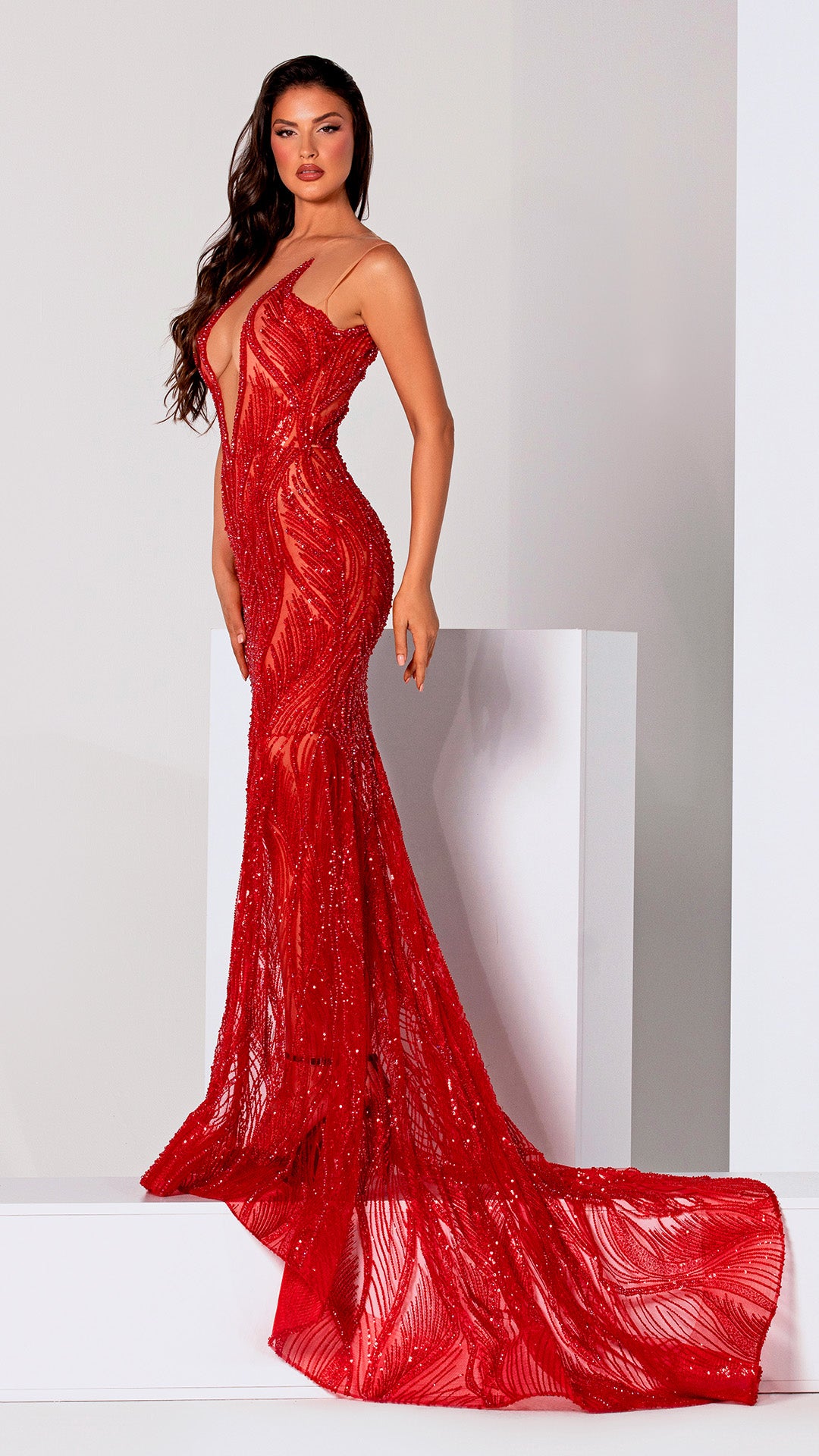 Ruby Essence - Red Long Dress with Stones